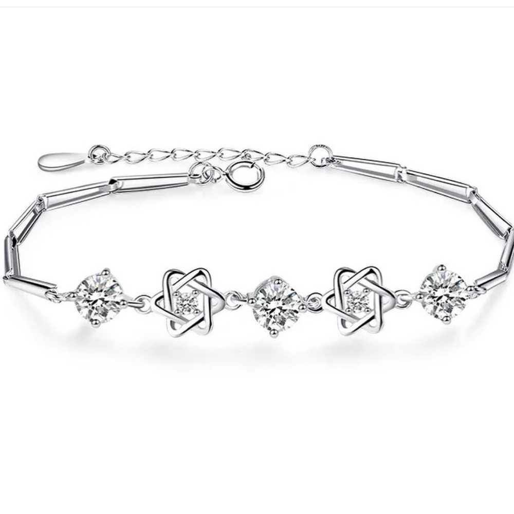 Sterling Silver Crystal Star Link Bracelet - Silver